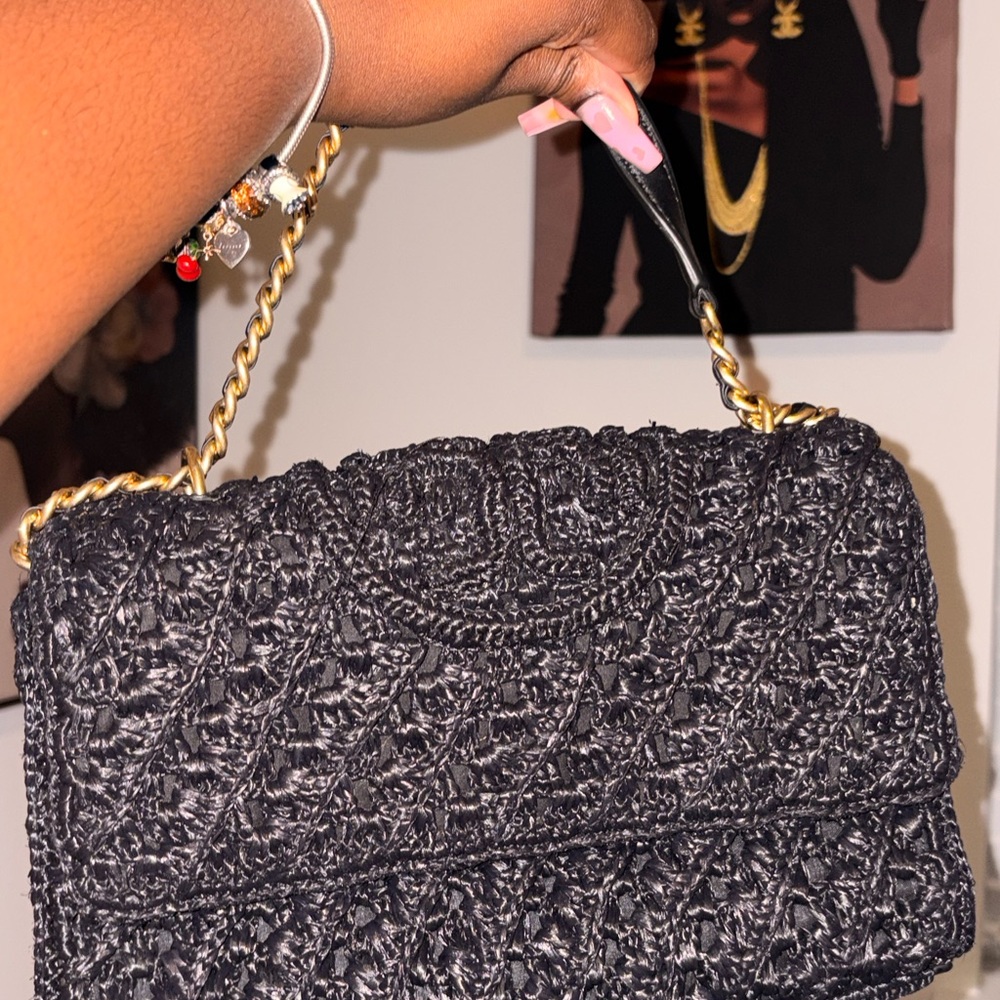 Tory Burch Kira Large Black Raffia Shoulder Bag